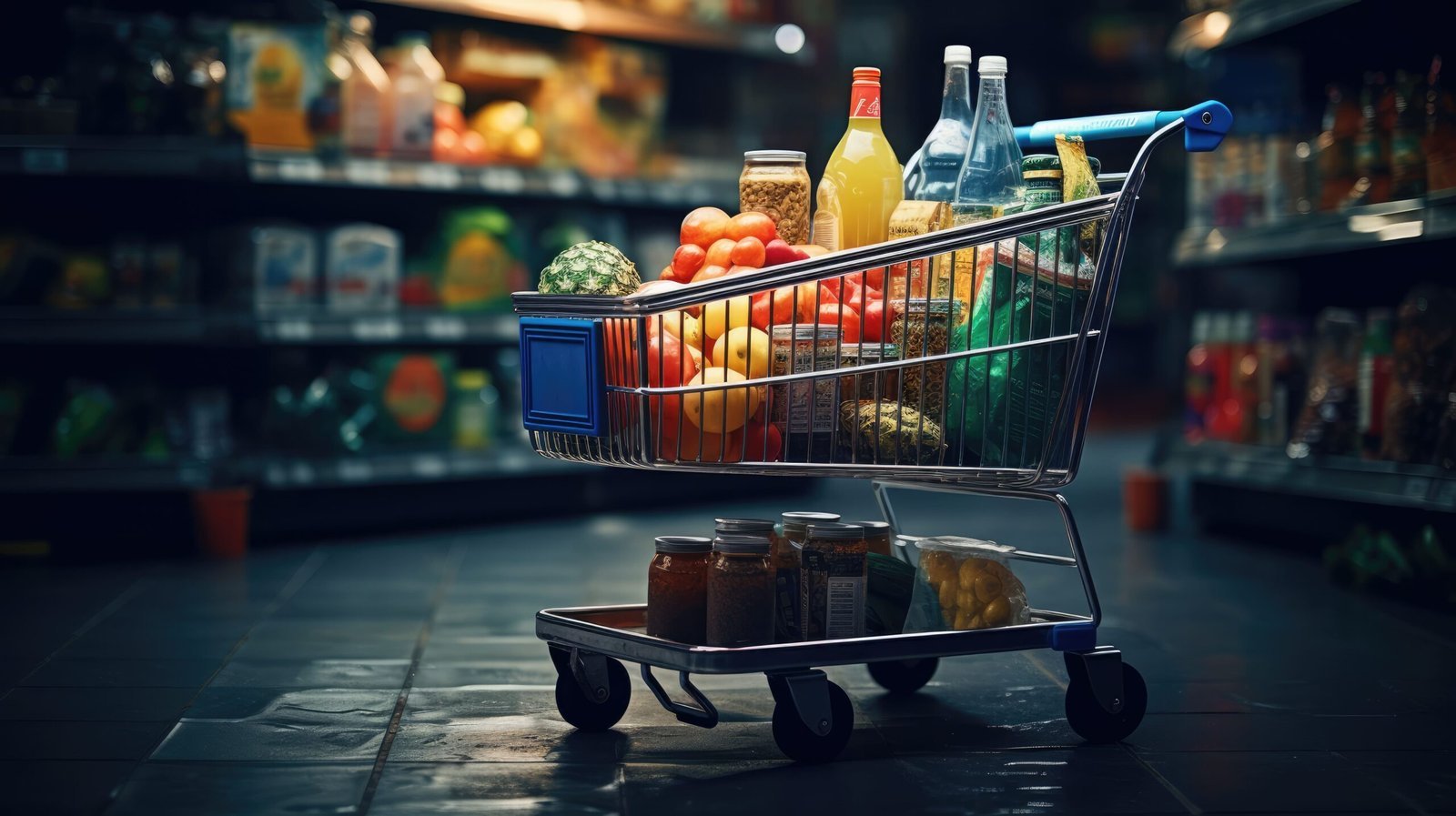 shopping cart full food drinks supermarket shelves grocery shopping concept scaled